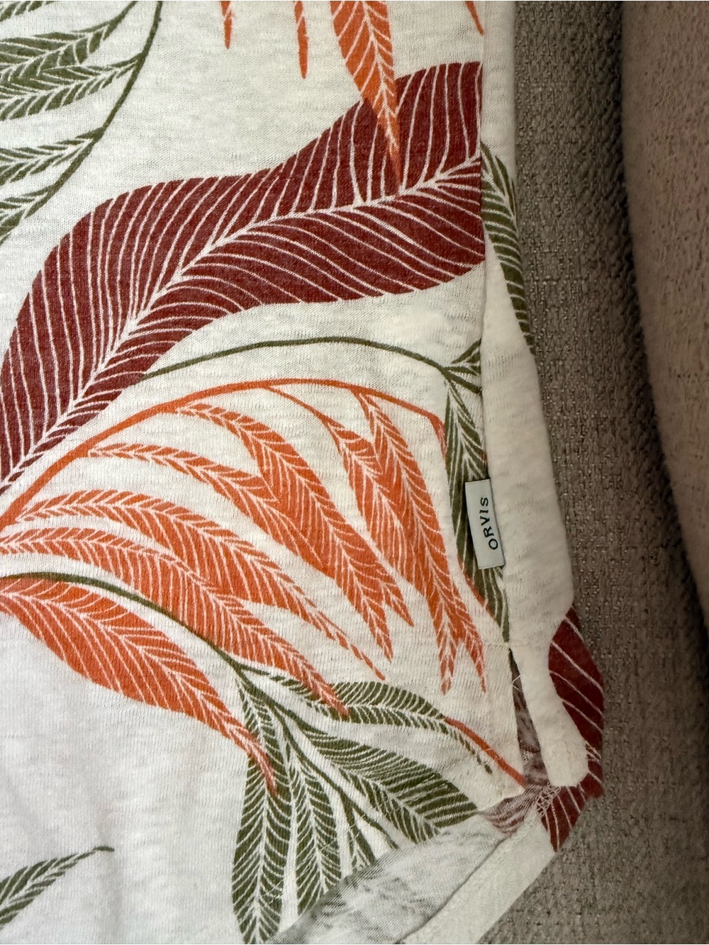 Orvis Linen Blend Cream Short-Sleeve Top w. Orange & Olive Leaf Print, M, EUC - Picture 8 of 9